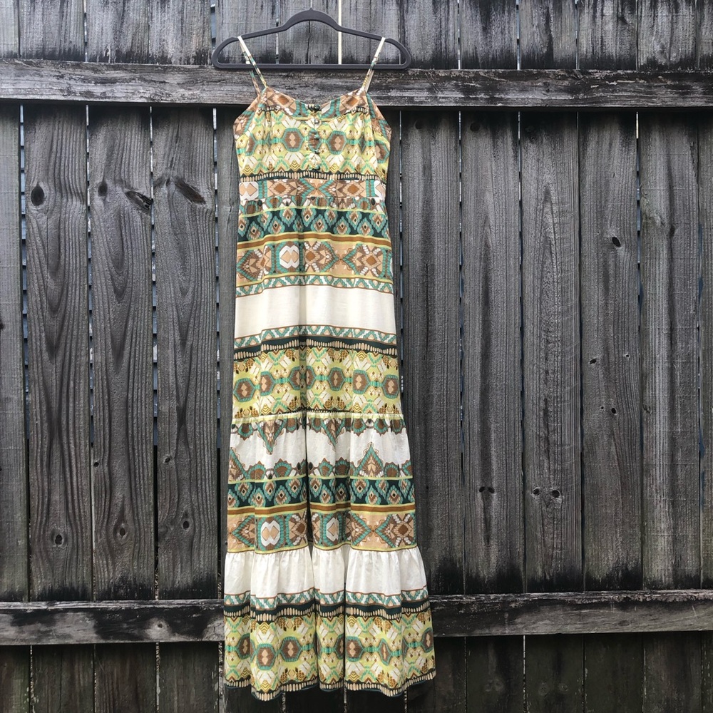 Fossil 100% Cotton Maxi Dress Aztec Geometric Size S Southwest High Waist Tiered
